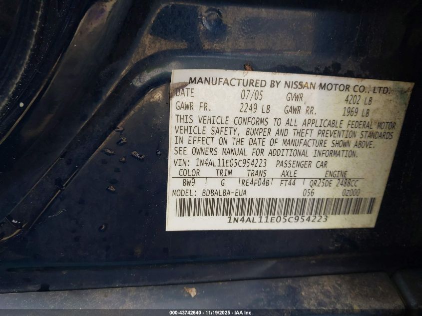 2005 Nissan Altima 2.5 S VIN: 1N4AL11E05C954223 Lot: 43742640