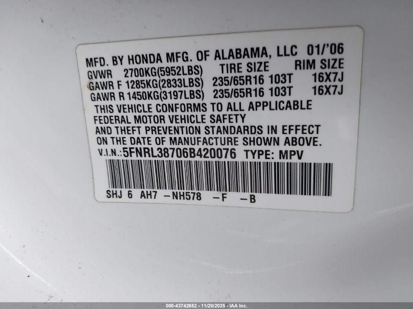 2006 Honda Odyssey Ex-L VIN: 5FNRL38706B420076 Lot: 43742652