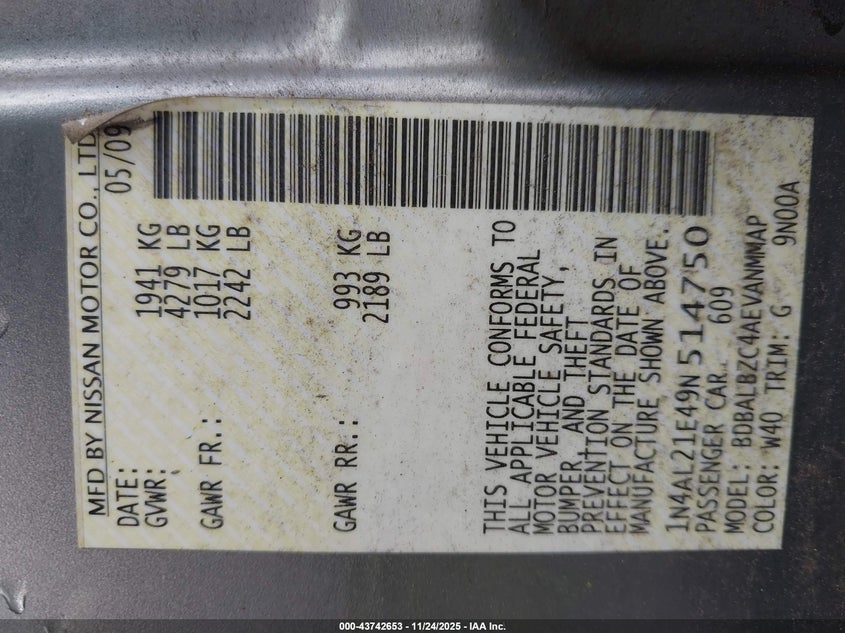 1N4AL21E49N514750 2009 NISSAN ALTIMA photo no. 9