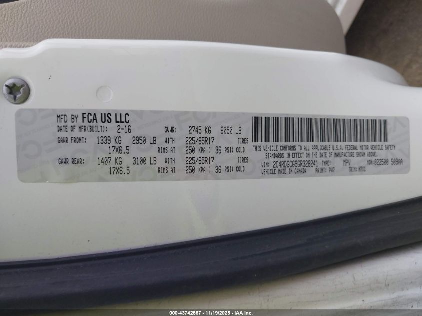 2016 Dodge Grand Caravan Sxt VIN: 2C4RDGCG9GR328241 Lot: 43742667