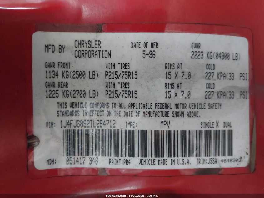 1996 Jeep Cherokee Sport/Classic VIN: 1J4FJ68S2TL254712 Lot: 43742680