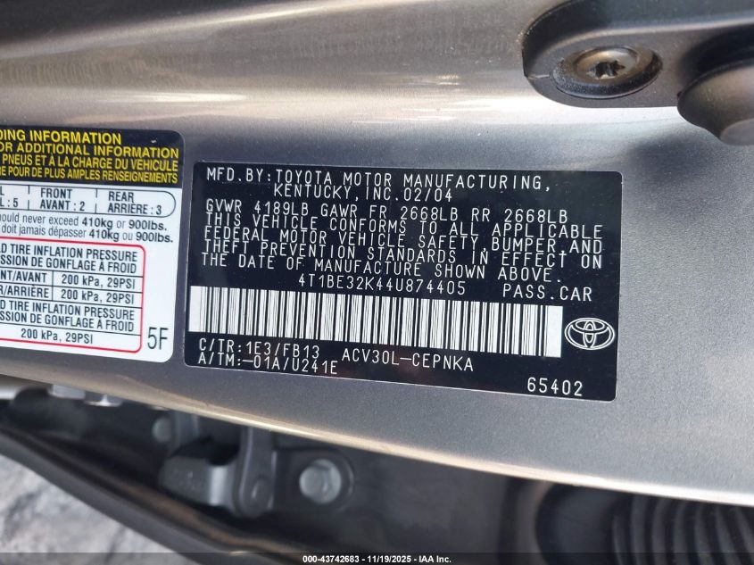 2004 Toyota Camry Le VIN: 4T1BE32K44U874405 Lot: 43742683