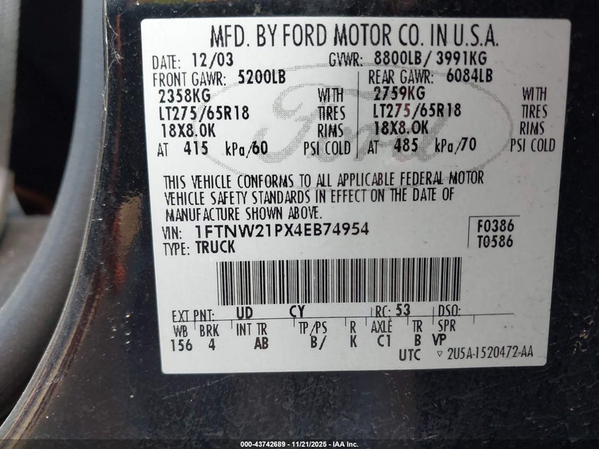 2004 Ford F-250 Lariat/Xl/Xlt VIN: 1FTNW21PX4EB74954 Lot: 43742689