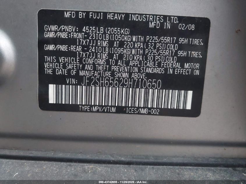 2009 Subaru Forester 2.5Xt VIN: JF2SH65629H710650 Lot: 43742695