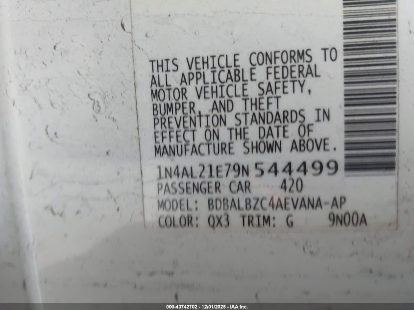 2009 Nissan Altima 2.5 S VIN: 1N4AL21E79N544499 Lot: 43742702