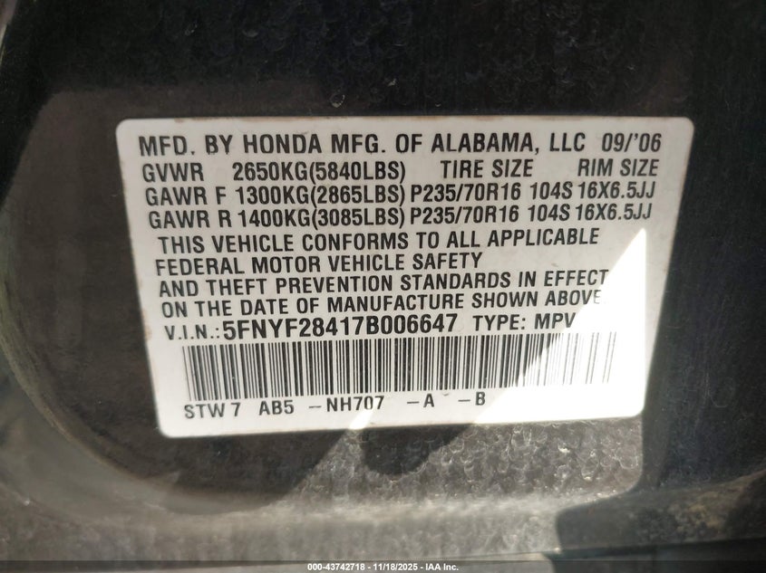 2007 Honda Pilot Ex VIN: 5FNYF28417B006647 Lot: 43742718