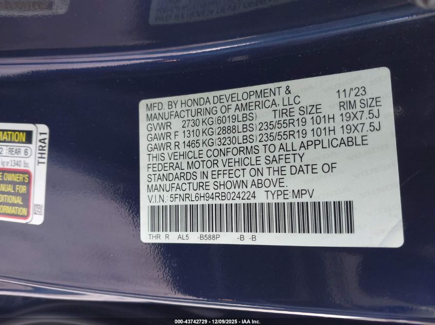 2024 Honda Odyssey Elite VIN: 5FNRL6H94RB024224 Lot: 43742729