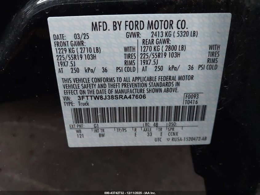 2025 Ford Maverick Xlt VIN: 3FTTW8J38SRA47606 Lot: 43742732