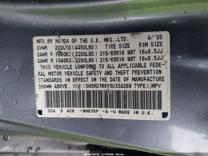 2005 Honda Cr-V Se VIN: SHSRD78915U334269 Lot: 43742739