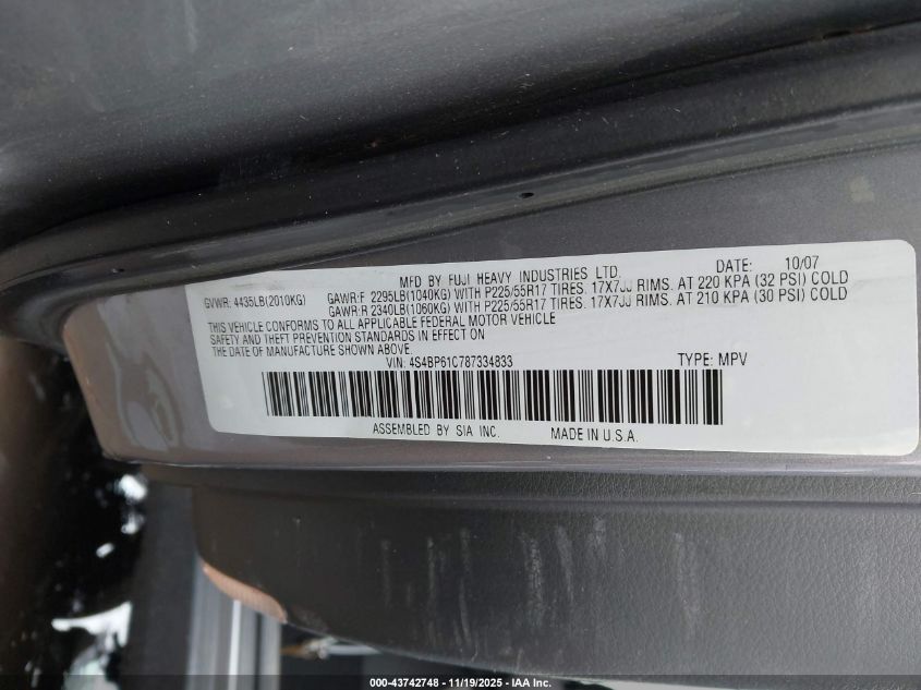 2008 Subaru Outback 2.5I/2.5I L.l. Bean Edition VIN: 4S4BP61C787334833 Lot: 43742748