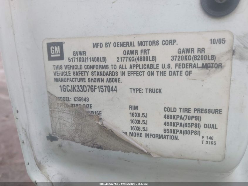 2006 Chevrolet Silverado 3500 Lt3 VIN: 1GCJK33D76F157044 Lot: 43742759