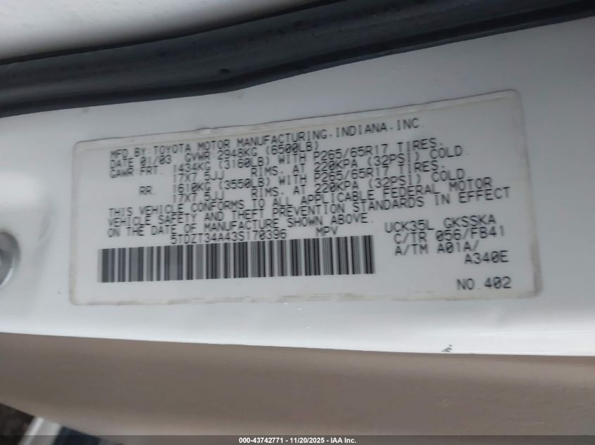 2003 Toyota Sequoia Sr5 V8 VIN: 5TDZT34A43S170396 Lot: 43742771