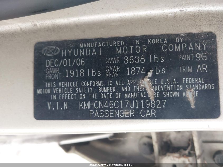2007 Hyundai Accent Gls VIN: KMHCN46C17U119827 Lot: 43742773