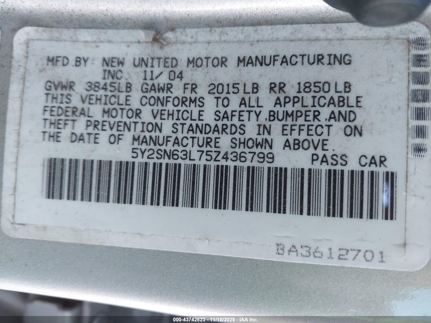 2005 Pontiac Vibe Gt VIN: 5Y2SN63L75Z436799 Lot: 43742823