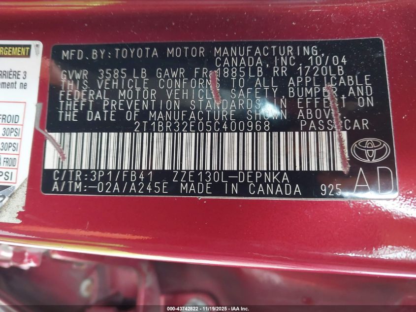2005 Toyota Corolla Le VIN: 2T1BR32E05C400968 Lot: 43742822