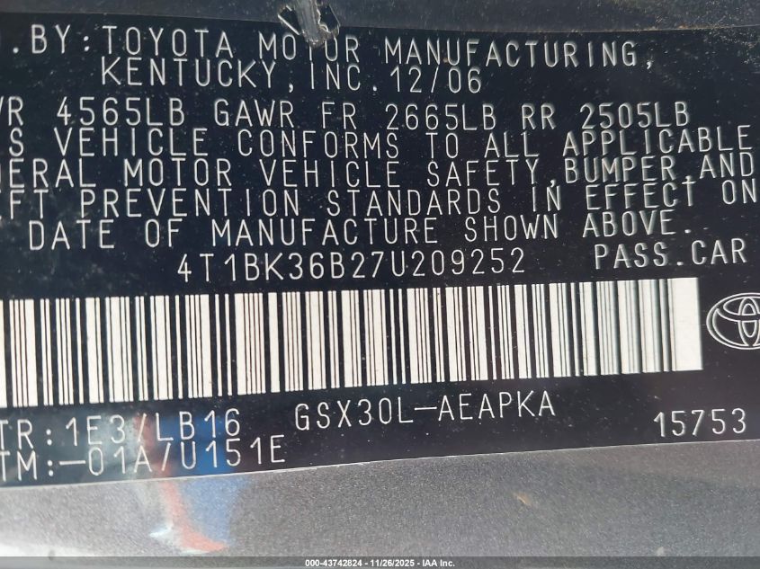 2007 Toyota Avalon Limited VIN: 4T1BK36B27U209252 Lot: 43742824