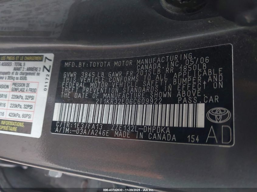 2006 Toyota Matrix VIN: 2T1KR32E06C609922 Lot: 43742830