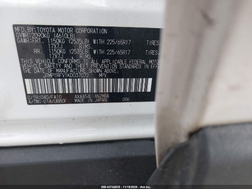 2019 Toyota Rav4 Xle VIN: JTMP1RFV1KD037072 Lot: 43742835