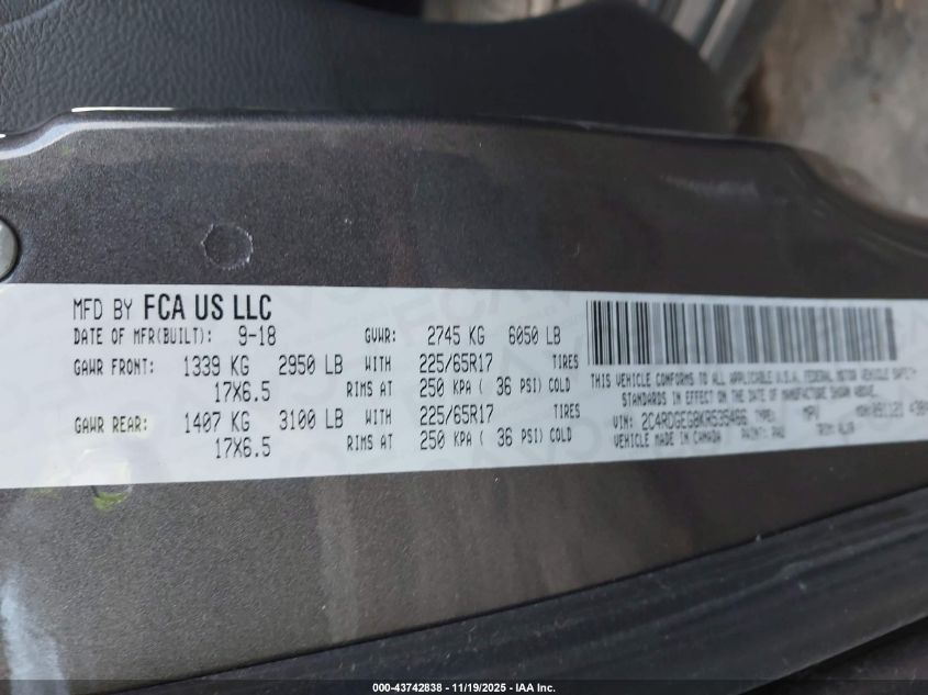 2019 Dodge Grand Caravan Gt VIN: 2C4RDGEG8KR535466 Lot: 43742838