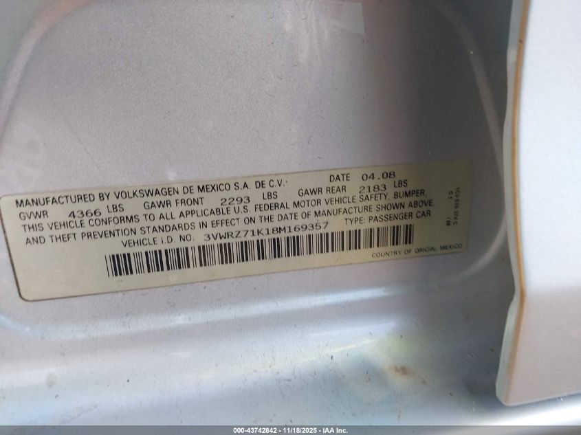 2008 Volkswagen Jetta Se VIN: 3VWRZ71K18M169357 Lot: 43742842