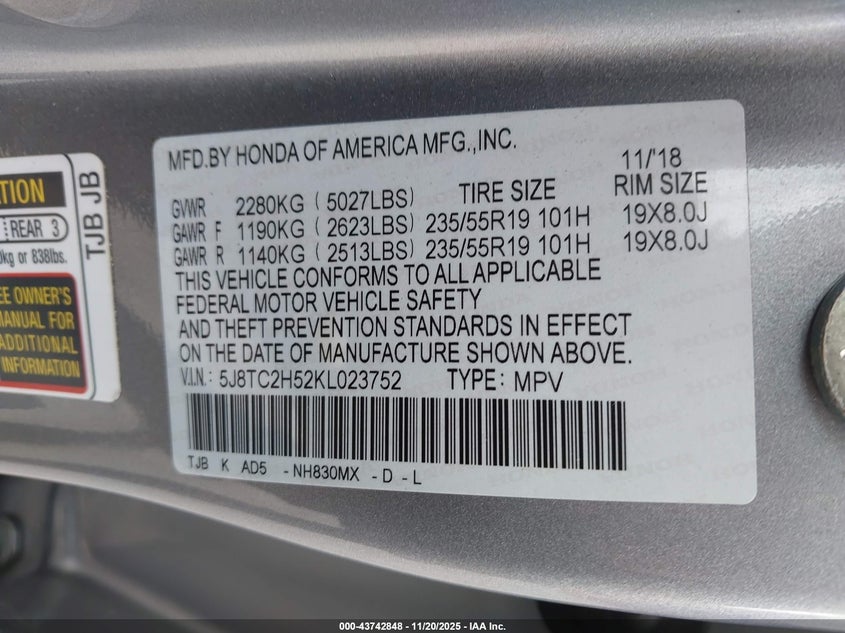 2019 Acura Rdx Technology Package VIN: 5J8TC2H52KL023752 Lot: 43742848