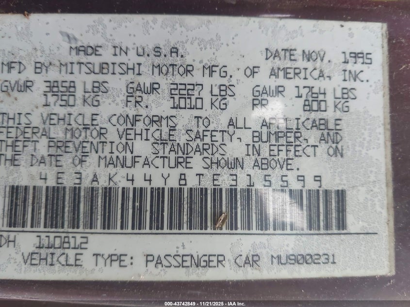 4E3AK44Y8TE315599 1996 EAGLE TALON photo no. 9