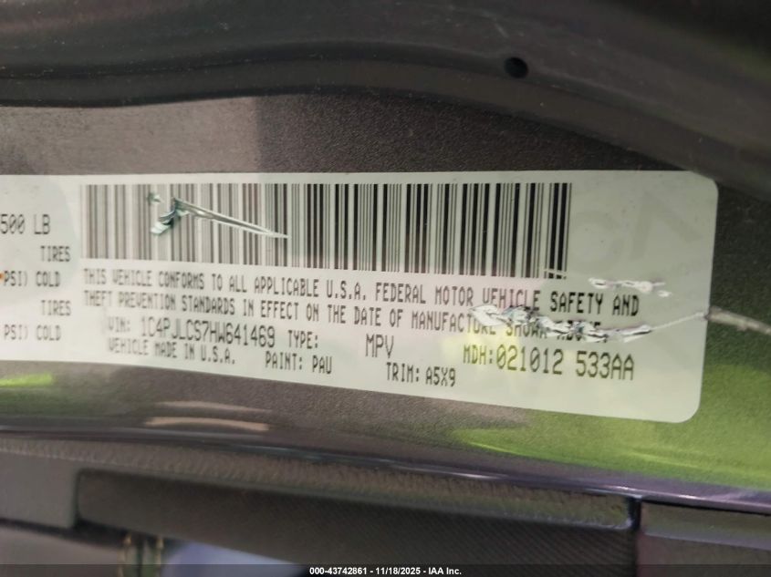 2017 Jeep Cherokee Latitude Fwd VIN: 1C4PJLCS7HW641469 Lot: 43742861