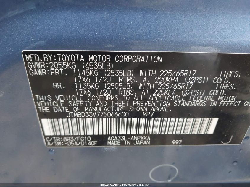 2007 Toyota Rav4 VIN: JTMBD33V775066600 Lot: 43742906