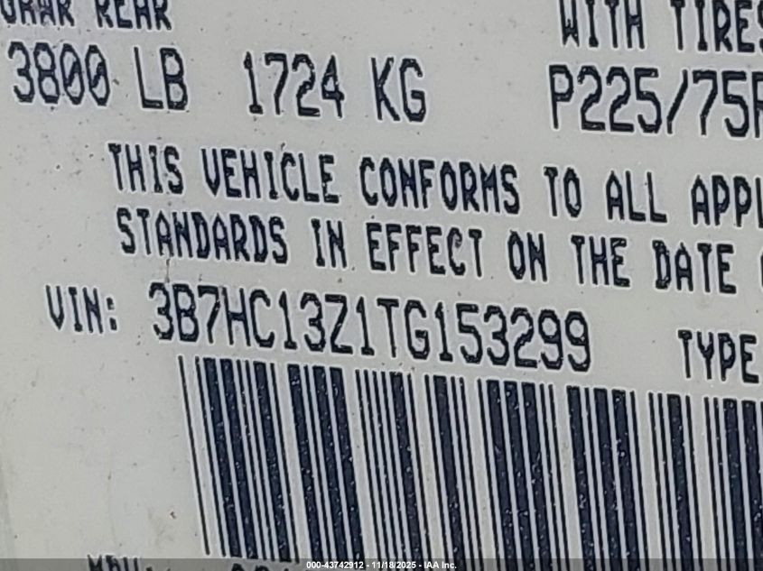 1996 Dodge Ram 1500 VIN: 3B7HC13Z1TG153299 Lot: 43742912