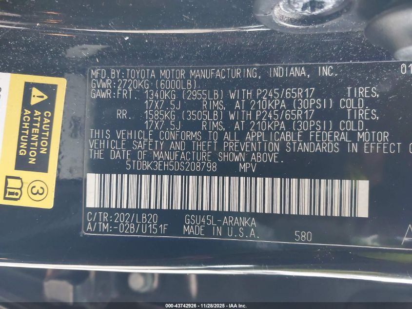 2013 Toyota Highlander Se V6 VIN: 5TDBK3EH5DS208798 Lot: 43742926