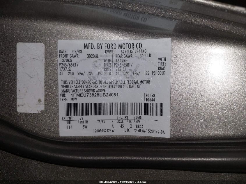 2008 Ford Explorer Xlt VIN: 1FMEU73828UB24081 Lot: 43742927