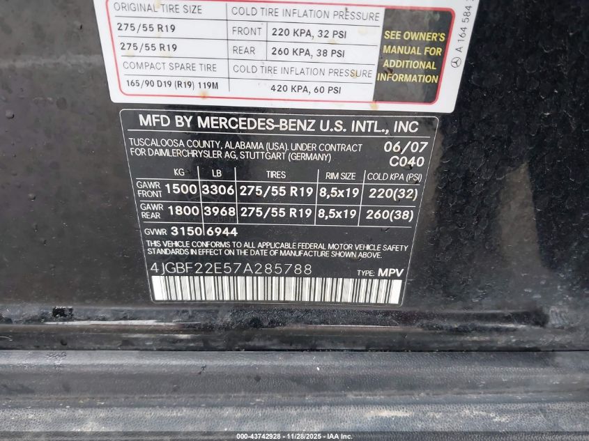 2007 Mercedes-Benz Gl 320 Cdi 4Matic VIN: 4JGBF22E57A285788 Lot: 43742928