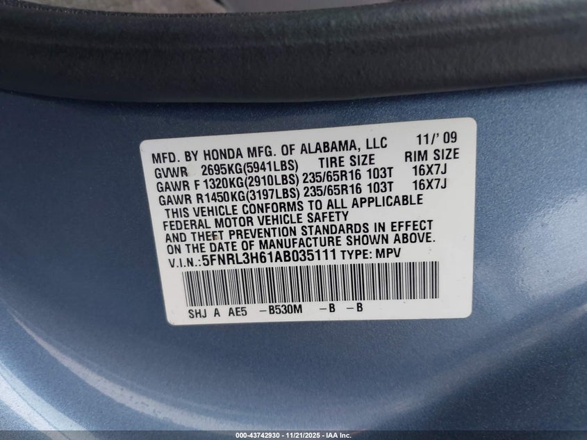 2010 Honda Odyssey Ex-L VIN: 5FNRL3H61AB035111 Lot: 43742930