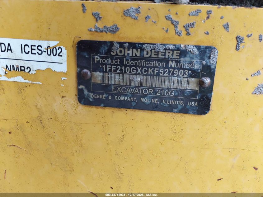2020 John Deere 210G Lc Excavator VIN: 1FF210GXCKF527903 Lot: 43742931