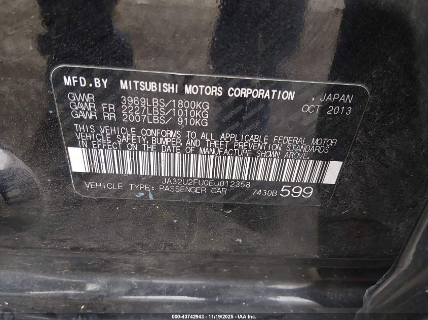 2014 Mitsubishi Lancer Es VIN: JA32U2FU0EU012358 Lot: 43742943