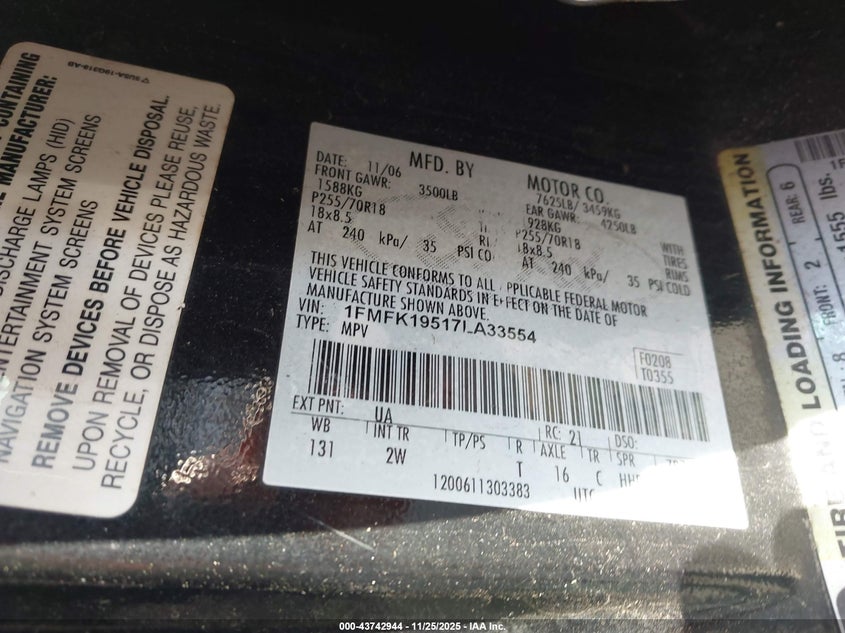 2007 Ford Expedition El Limited VIN: 1FMFK19517LA33554 Lot: 43742944