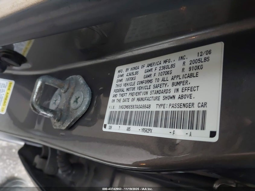 1HGCM66597A046648 2007 HONDA ACCORD photo no. 9