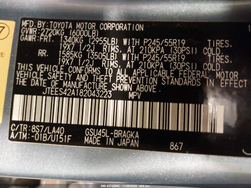 2008 Toyota Highlander Limited VIN: JTEES42A182043223 Lot: 43742962