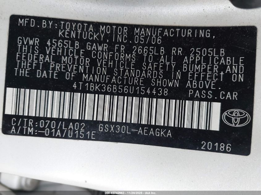 2006 Toyota Avalon Xls VIN: 4T1BK36B56U154438 Lot: 43742963