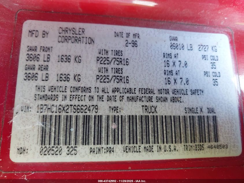 1996 Dodge Ram 1500 VIN: 1B7HC16X2TS662479 Lot: 43742992