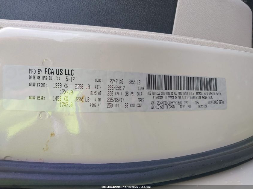 2017 Chrysler Pacifica Touring VIN: 2C4RC1DG0HR771006 Lot: 43742995