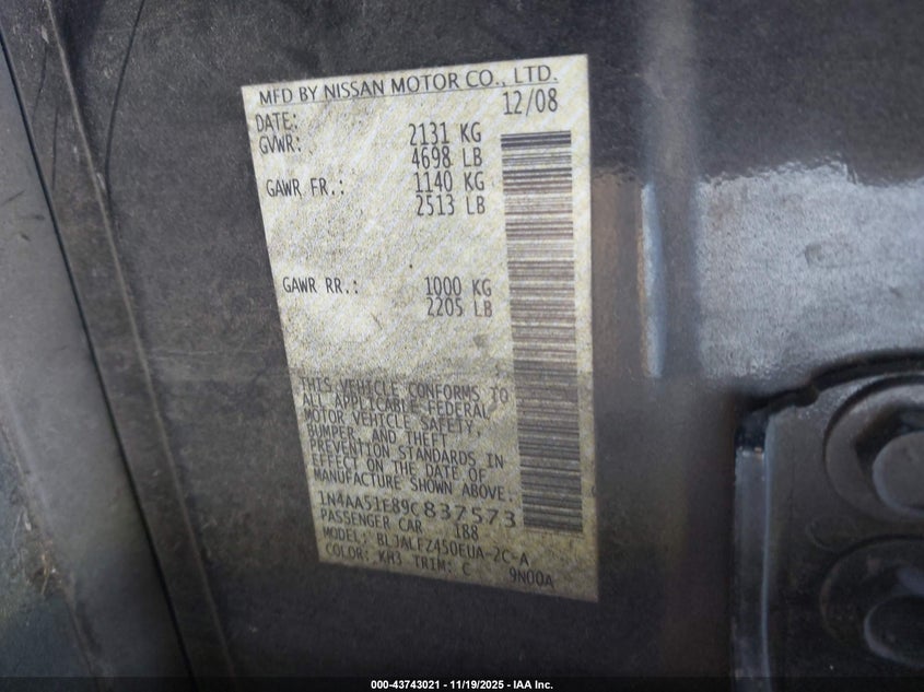 2009 Nissan Maxima 3.5 Sv VIN: 1N4AA51E89C837573 Lot: 43743021