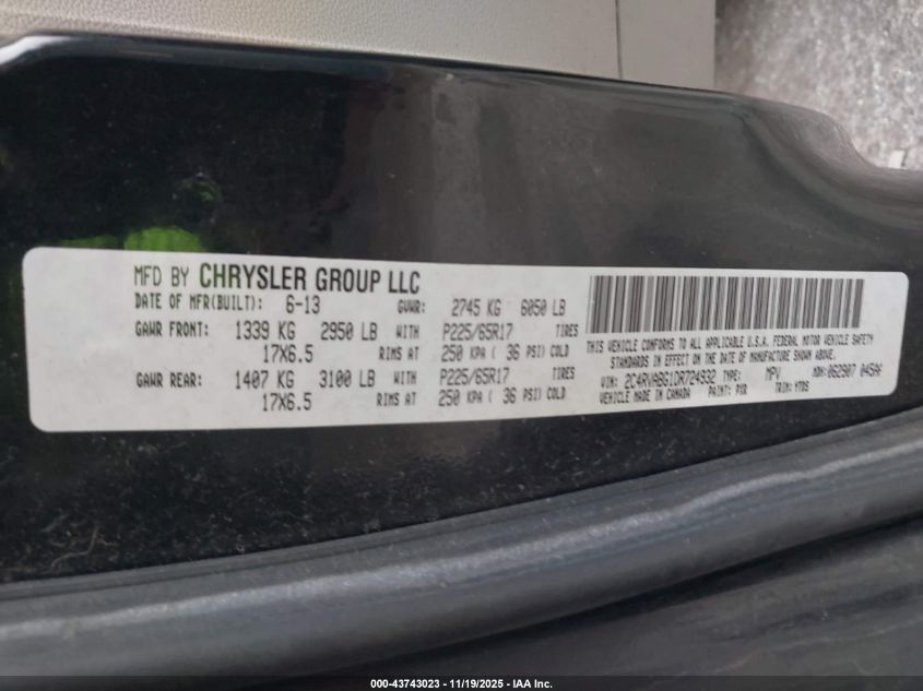 2013 Volkswagen Routan Se VIN: 2C4RVABG1DR724932 Lot: 43743023