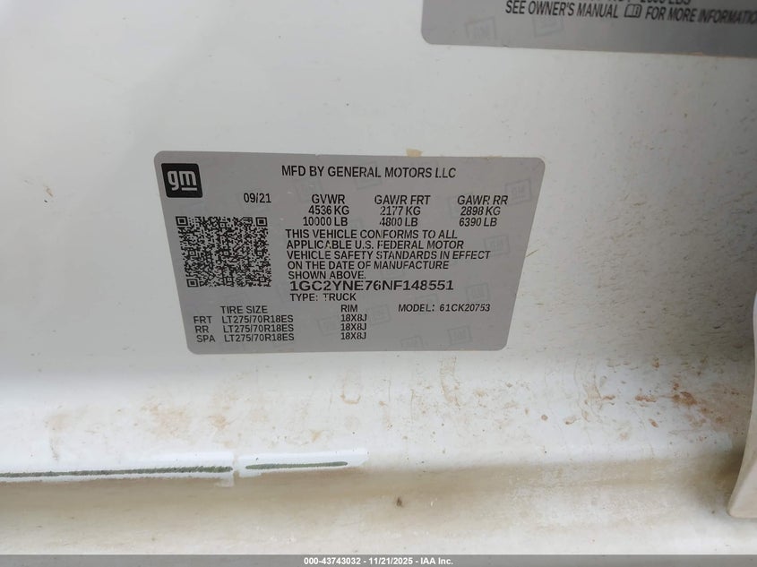 2022 Chevrolet Silverado 2500Hd VIN: 1GC2YNE76NF148551 Lot: 43743032