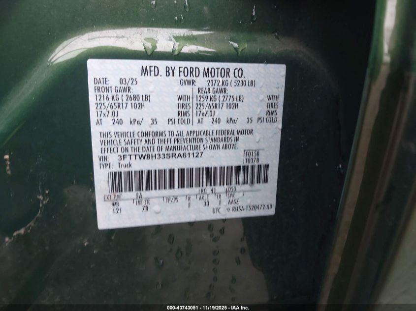 2025 Ford Maverick Xlt VIN: 3FTTW8H33SRA61127 Lot: 43743051