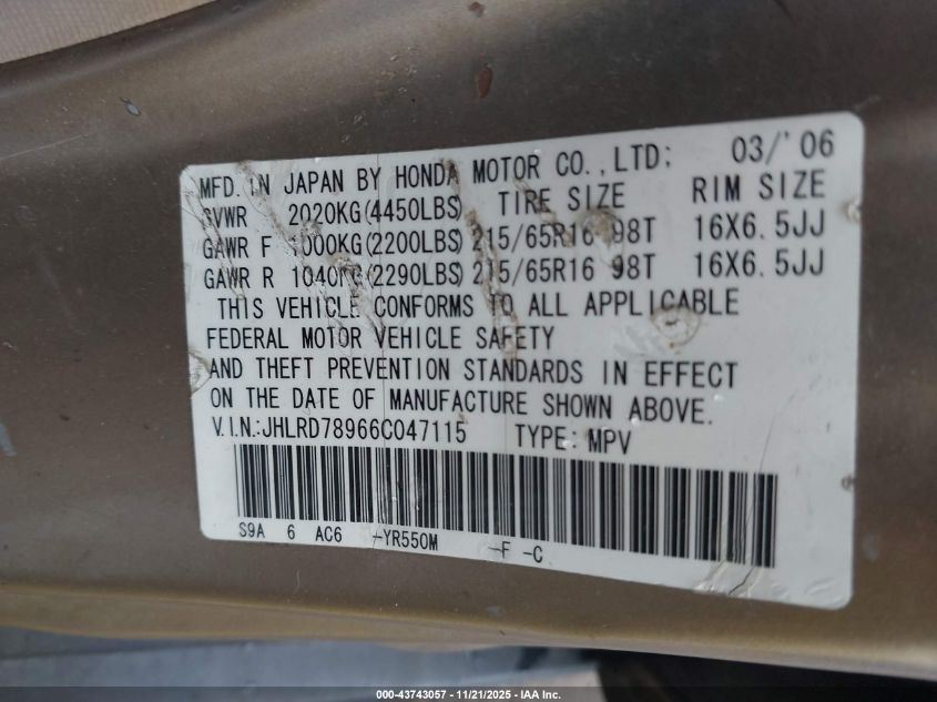 2006 Honda Cr-V Se VIN: JHLRD78966C047115 Lot: 43743057