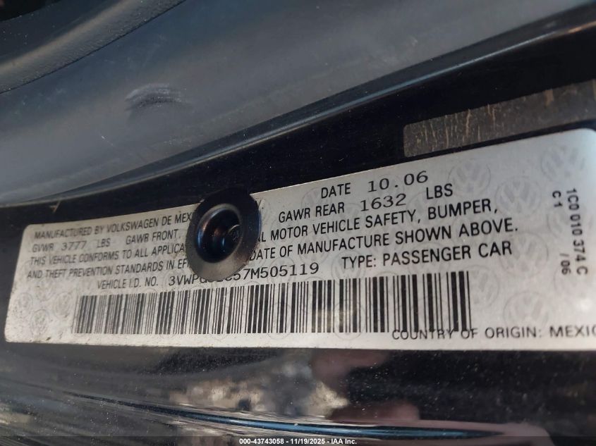 2007 Volkswagen New Beetle 2.5 VIN: 3VWPG31C57M505119 Lot: 43743058