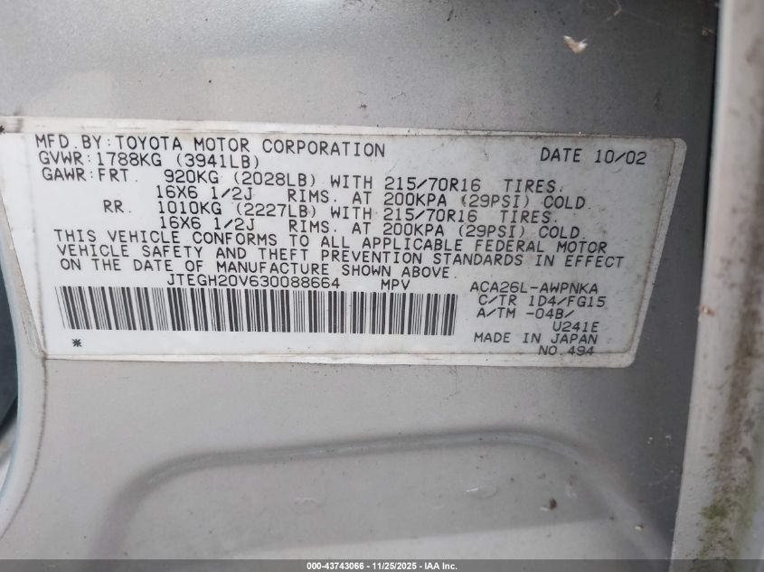 2003 Toyota Rav4 VIN: JTEGH20V630088664 Lot: 43743066