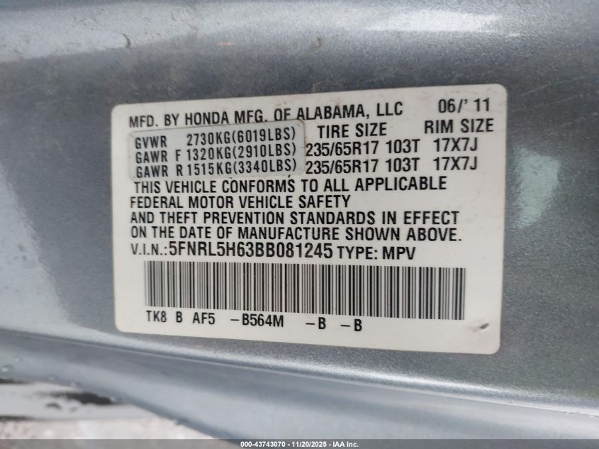 2011 Honda Odyssey Ex-L VIN: 5FNRL5H63BB081245 Lot: 43743070