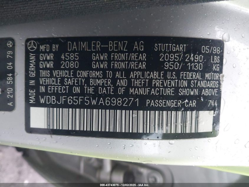 1998 Mercedes-Benz E 320 VIN: WDBJF65F5WA698271 Lot: 43743075